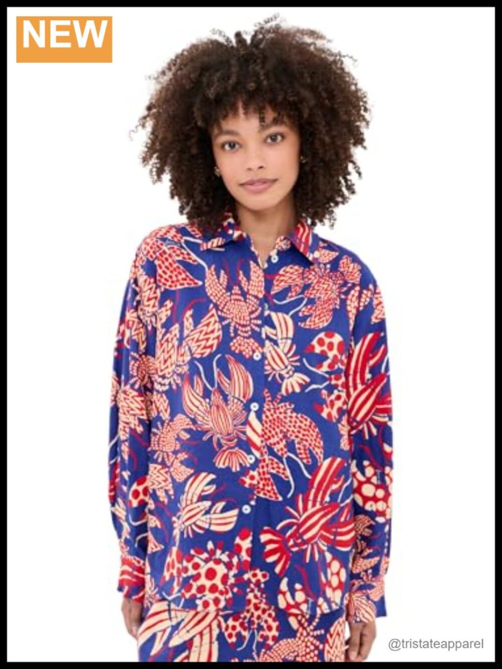 Linen Viscose Lobster Print Long Sleeve Button Down Shirt Relaxed Fit